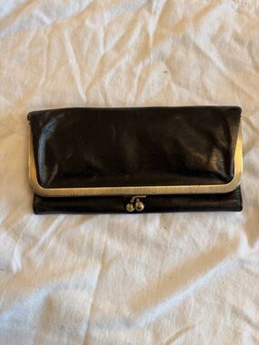HOBO Black Leather Clutch Wallet with Brass Trim